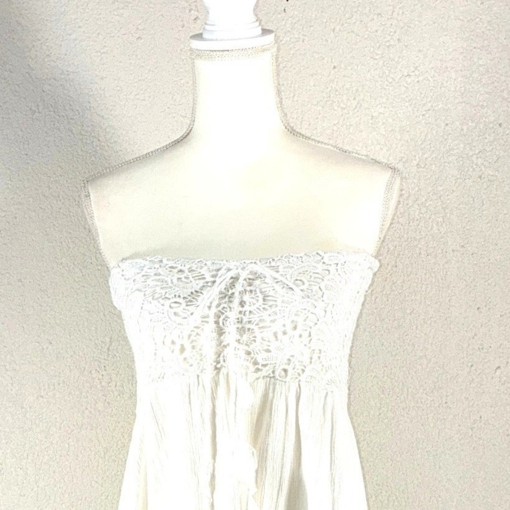 Mango Reef White Cotton Strapless Crochet Lace High Low Gauze Midi Dress Small